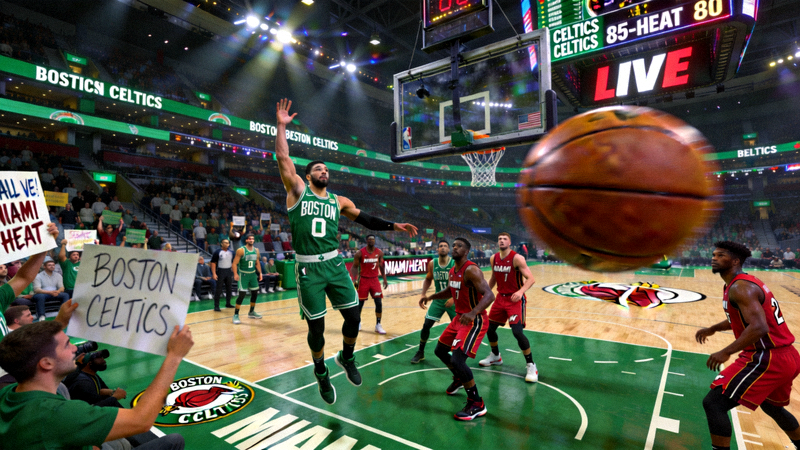 波士顿凯尔特人对阵迈阿密热火的NBA篮球比赛直播画面